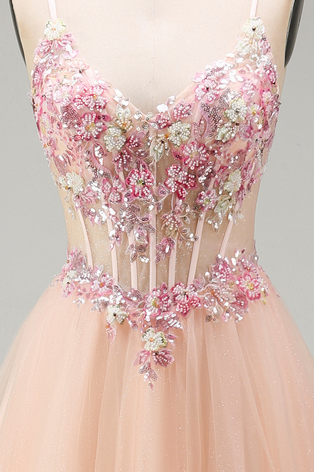 Champagne Floral Corset Beaded Tulle A Line Long Prom Dress