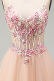 Champagne Floral Corset Beaded Tulle A Line Long Prom Dress