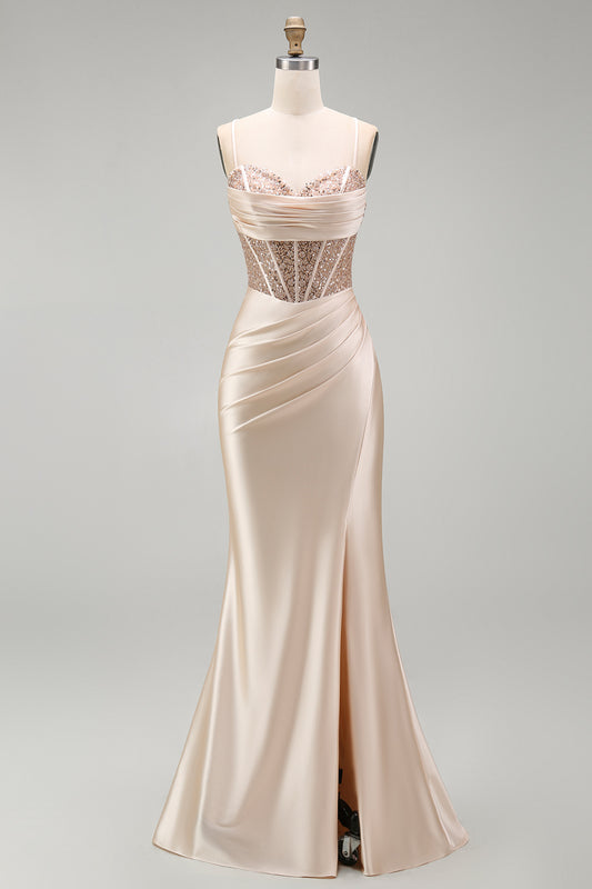 Champagne Corset Satin Mermaid Beaded Long Prom Dress with Slit