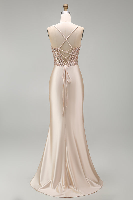 Champagne Corset Satin Mermaid Beaded Long Prom Dress with Slit