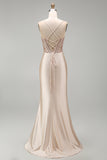 Champagne Corset Satin Mermaid Beaded Long Prom Dress with Slit