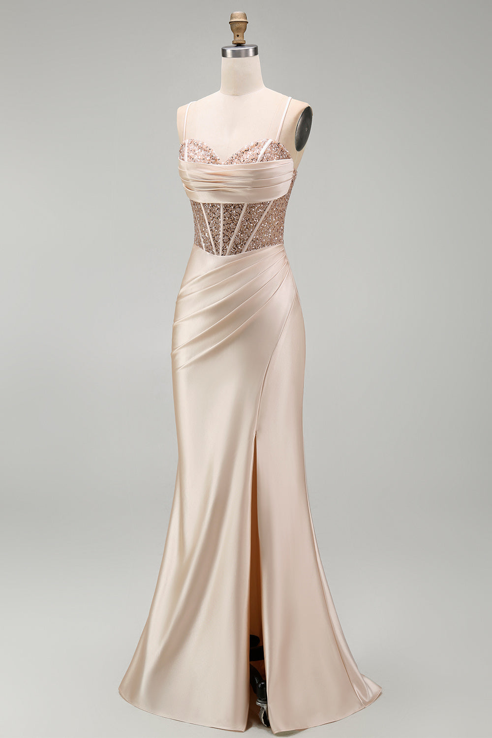 Champagne Corset Satin Mermaid Beaded Long Prom Dress with Slit