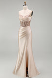 Champagne Corset Satin Mermaid Beaded Long Prom Dress with Slit