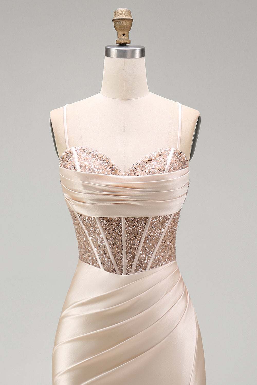 Champagne Corset Satin Mermaid Beaded Long Prom Dress with Slit