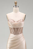 Champagne Corset Satin Mermaid Beaded Long Prom Dress with Slit