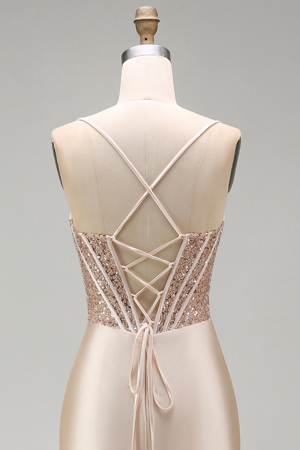 Champagne Corset Satin Mermaid Beaded Long Prom Dress with Slit