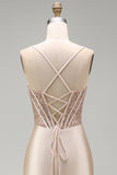Champagne Corset Satin Mermaid Beaded Long Prom Dress with Slit