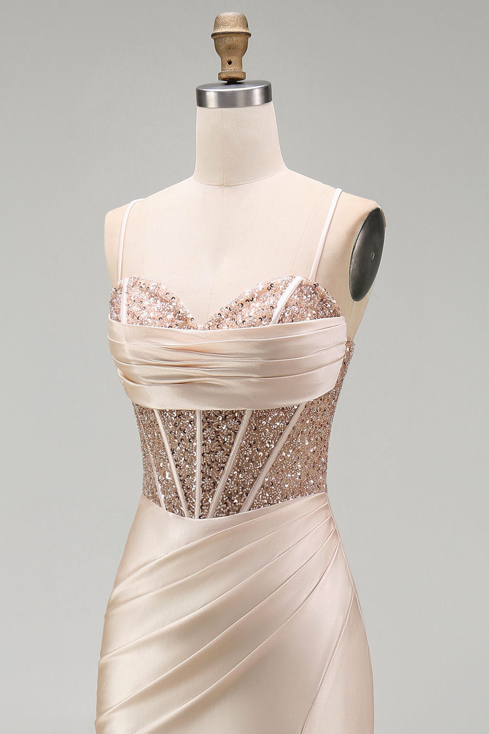 Champagne Corset Satin Mermaid Beaded Long Prom Dress with Slit