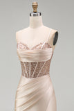 Champagne Corset Satin Mermaid Beaded Long Prom Dress with Slit