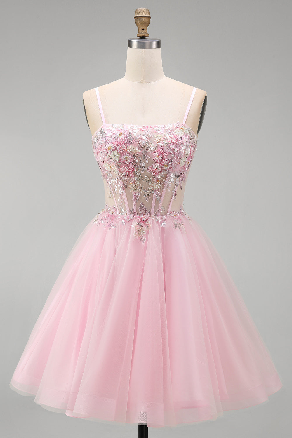 Pink A-Line Spaghetti Straps Tulle Short Corset Homecoming Dress