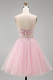Pink A-Line Spaghetti Straps Tulle Short Corset Homecoming Dress