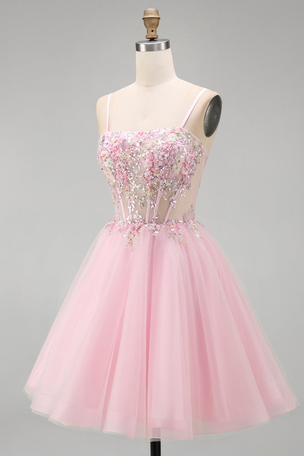 Pink A-Line Spaghetti Straps Tulle Short Corset Homecoming Dress