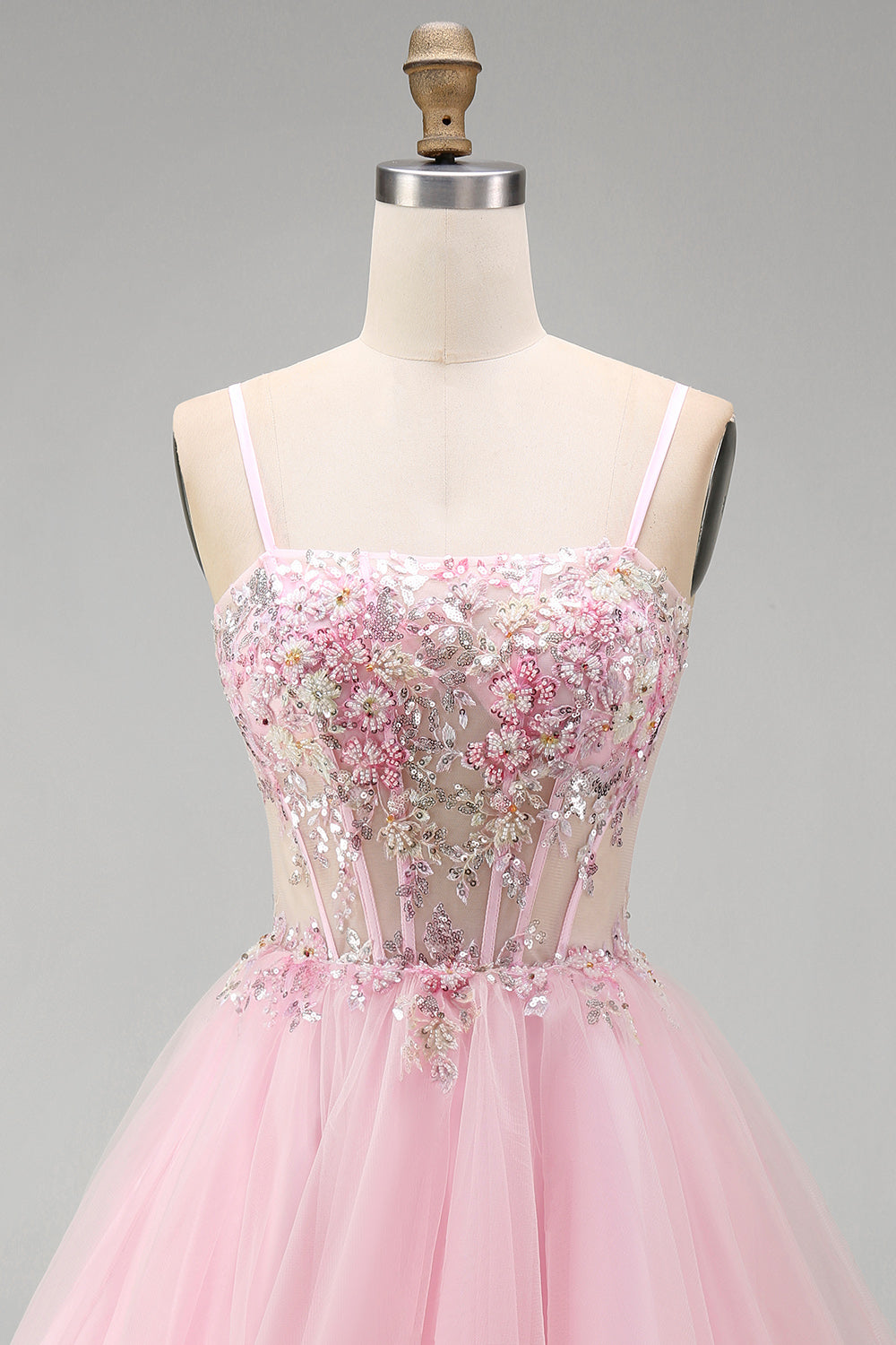 Pink A-Line Spaghetti Straps Tulle Short Corset Homecoming Dress