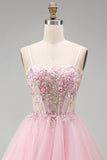 Pink A-Line Spaghetti Straps Tulle Short Corset Homecoming Dress