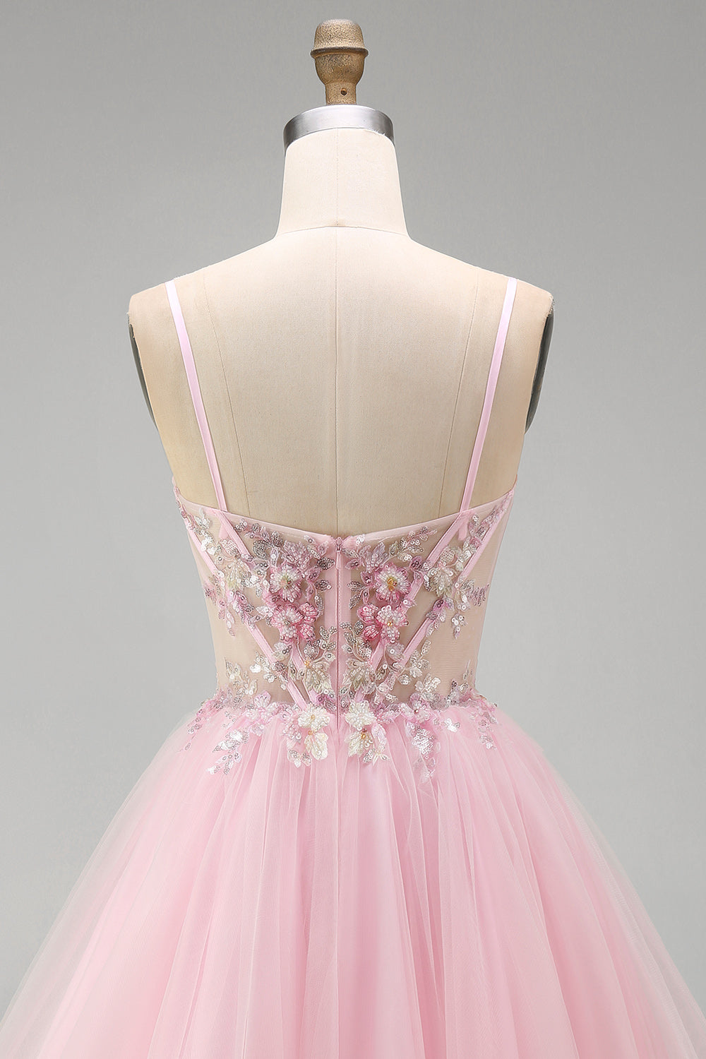Pink A-Line Spaghetti Straps Tulle Short Corset Homecoming Dress
