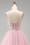 Pink A-Line Spaghetti Straps Tulle Short Corset Homecoming Dress