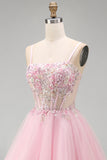 Pink A-Line Spaghetti Straps Tulle Short Corset Homecoming Dress