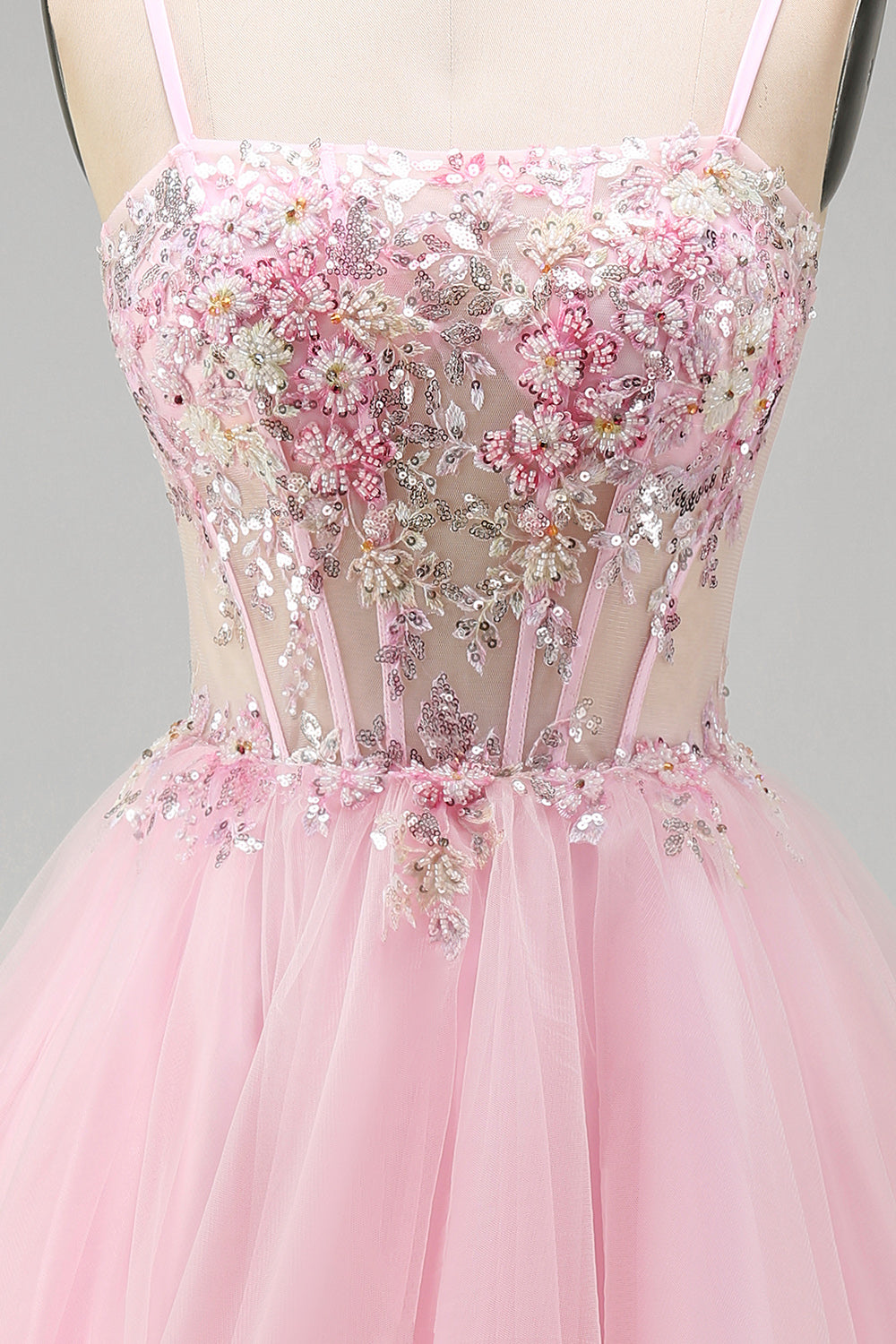 Pink A-Line Spaghetti Straps Tulle Short Corset Homecoming Dress