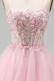 Pink A-Line Spaghetti Straps Tulle Short Corset Homecoming Dress