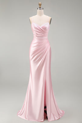 Pink Satin Mermaid Long Ruched Prom Dress with Slit