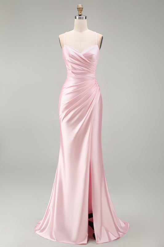 Pink Satin Mermaid Long Ruched Prom Dress with Slit
