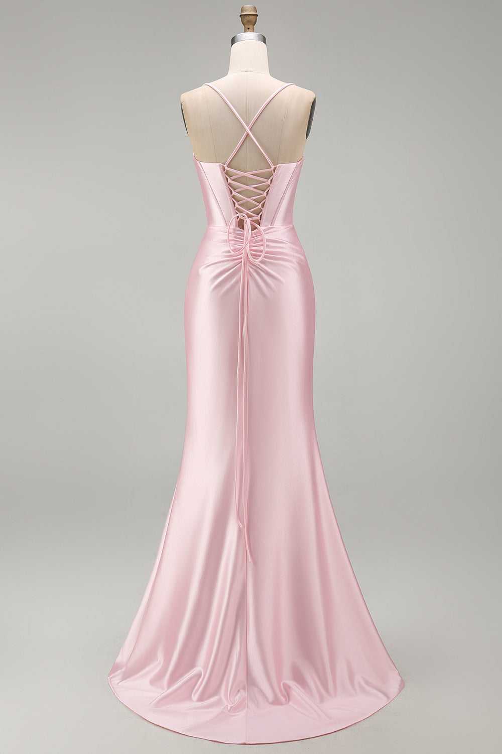 Pink Satin Mermaid Long Ruched Prom Dress with Slit