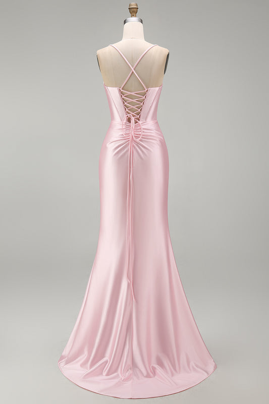 Pink Satin Mermaid Long Ruched Prom Dress with Slit