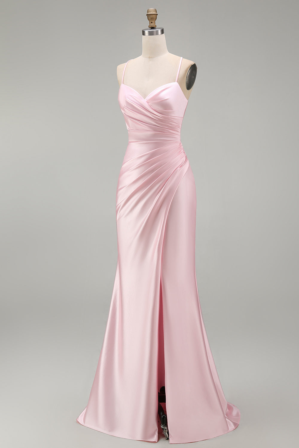 Pink Satin Mermaid Long Ruched Prom Dress with Slit