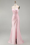 Pink Satin Mermaid Long Ruched Prom Dress with Slit