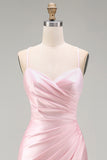 Pink Satin Mermaid Long Ruched Prom Dress with Slit