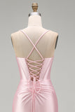 Pink Satin Mermaid Long Ruched Prom Dress with Slit
