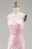 Pink Satin Mermaid Long Ruched Prom Dress with Slit
