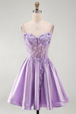 Lilac A Line Beaded Short Corset Homecoming Dress with 3D Flowers