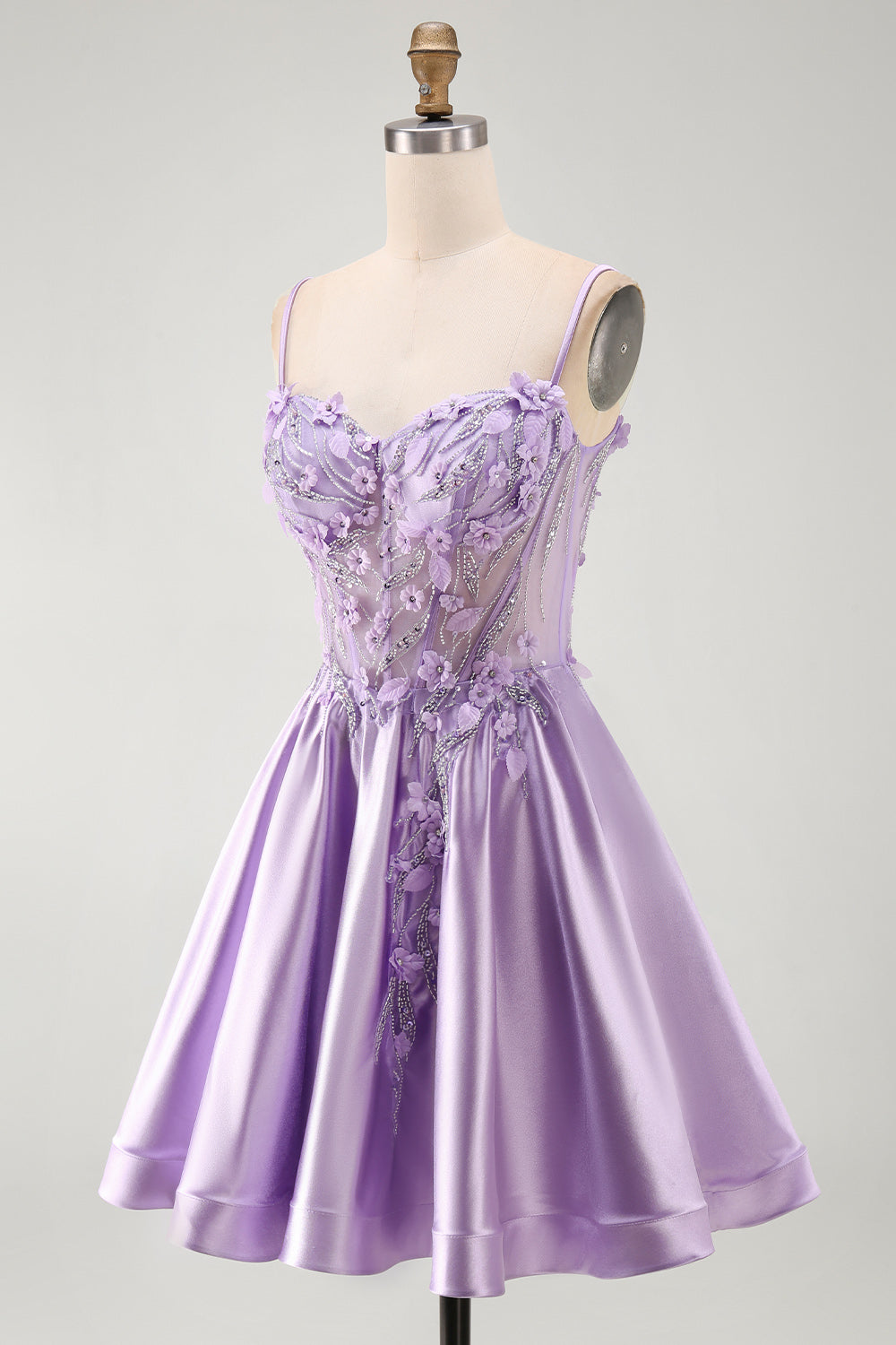 Lilac A Line Beaded Short Corset Homecoming Dress with 3D Flowers