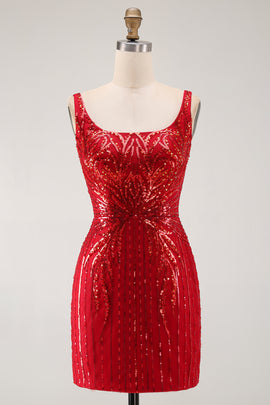 Burgundy Square Neck Sequins Sparkly Tight Short Homecoming Dress