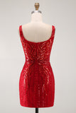 Burgundy Square Neck Sequins Sparkly Tight Short Homecoming Dress