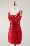 Burgundy Square Neck Sequins Sparkly Tight Short Homecoming Dress