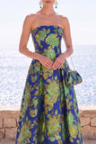 Navy Green Flower A Line Strapless Midi Wedding Guest Dress