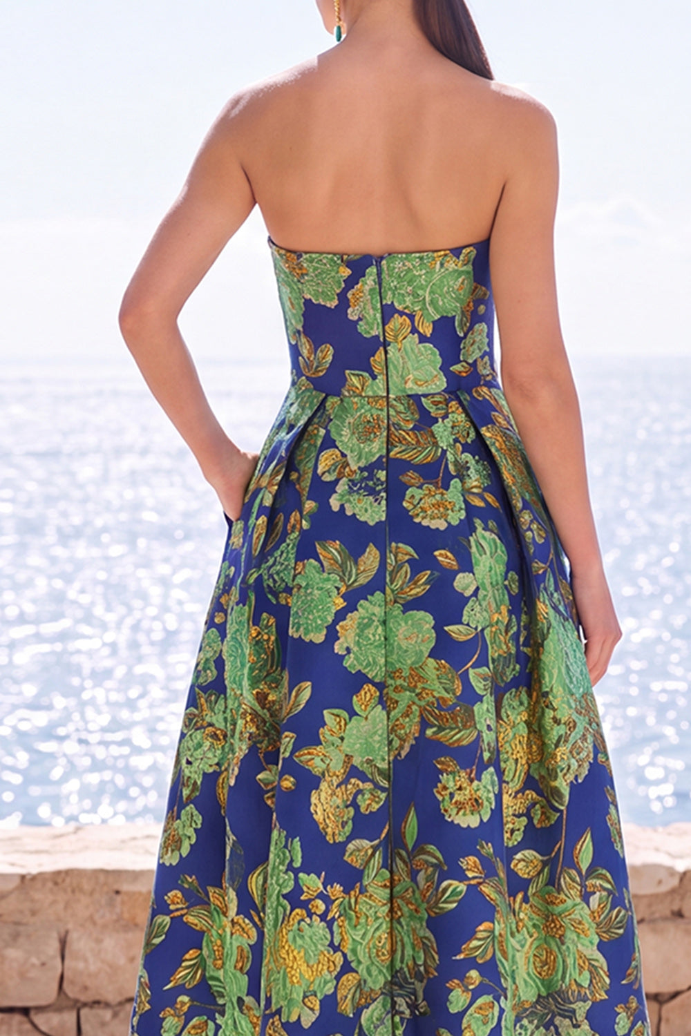 Navy Green Flower A Line Strapless Midi Wedding Guest Dress