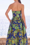 Navy Green Flower A Line Strapless Midi Wedding Guest Dress