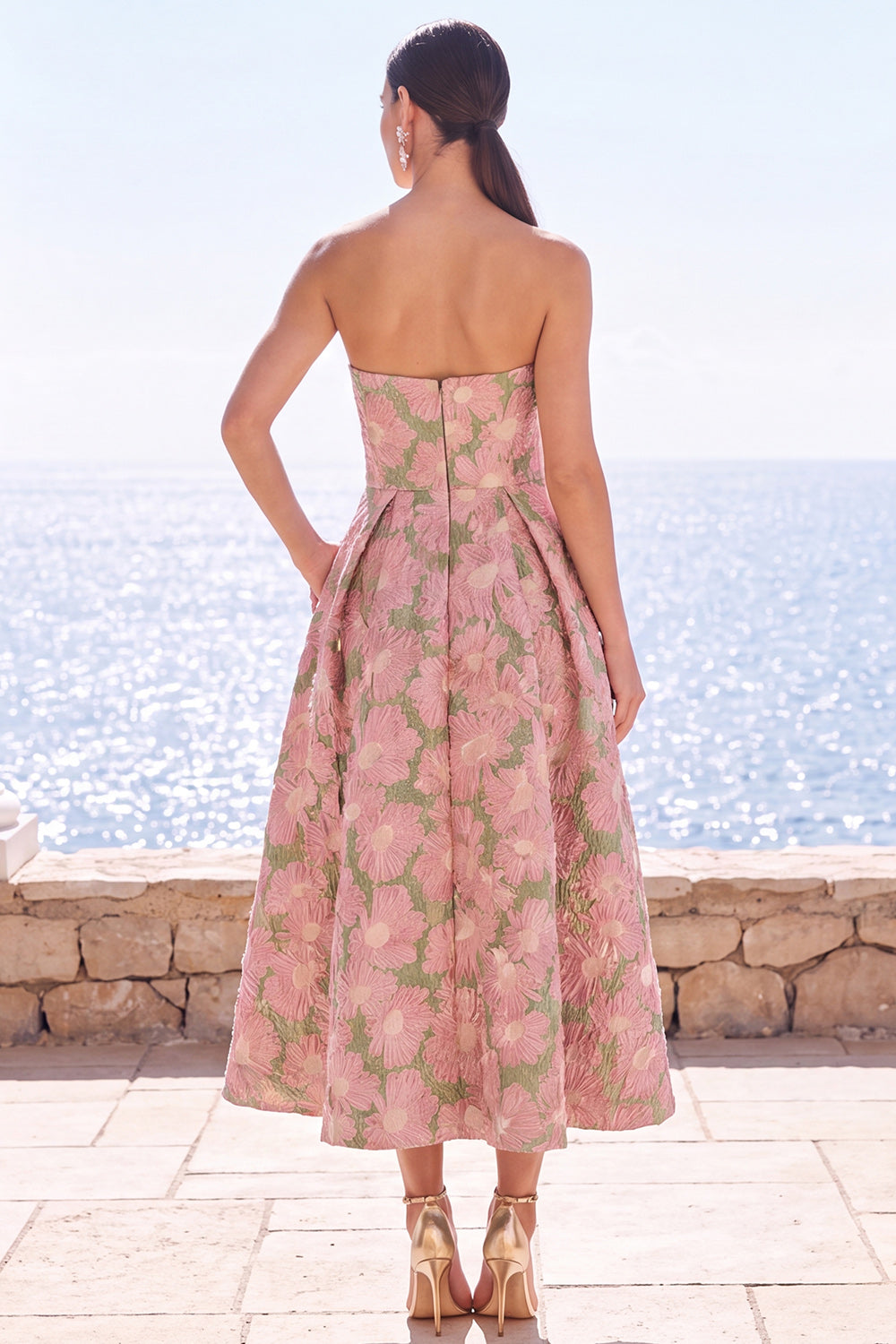 Navy Green Flower A Line Strapless Midi Wedding Guest Dress