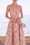 Navy Green Flower A Line Strapless Midi Wedding Guest Dress