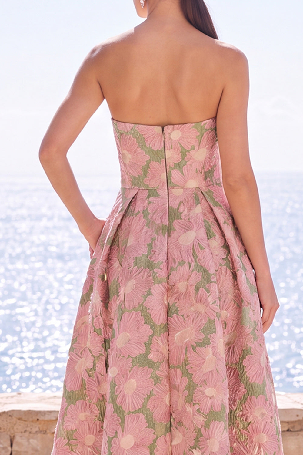 Navy Green Flower A Line Strapless Midi Wedding Guest Dress