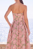 Navy Green Flower A Line Strapless Midi Wedding Guest Dress