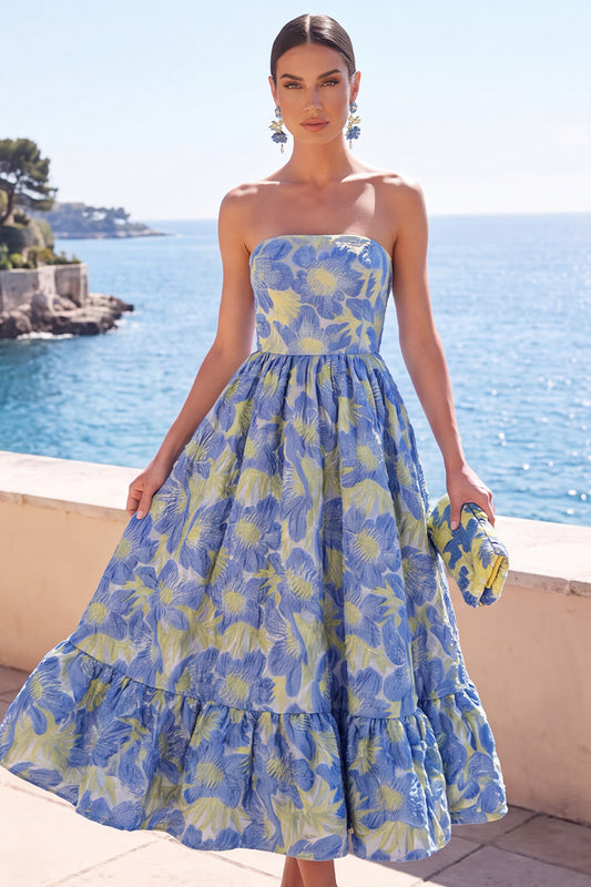 Blue Floral A Line Strapless Midi Wedding Guest Dress with Ruffles