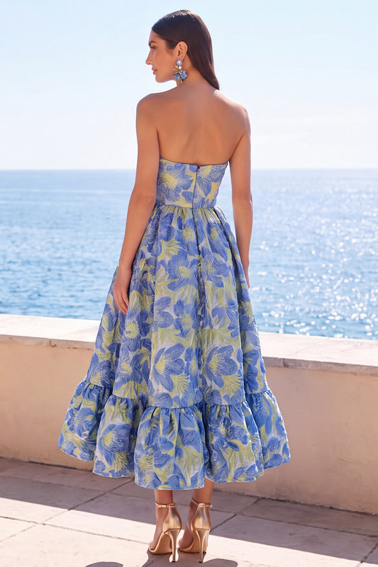 Blue Floral A Line Strapless Midi Wedding Guest Dress with Ruffles