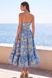 Blue Floral A Line Strapless Midi Wedding Guest Dress with Ruffles
