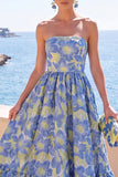 Blue Floral A Line Strapless Midi Wedding Guest Dress with Ruffles