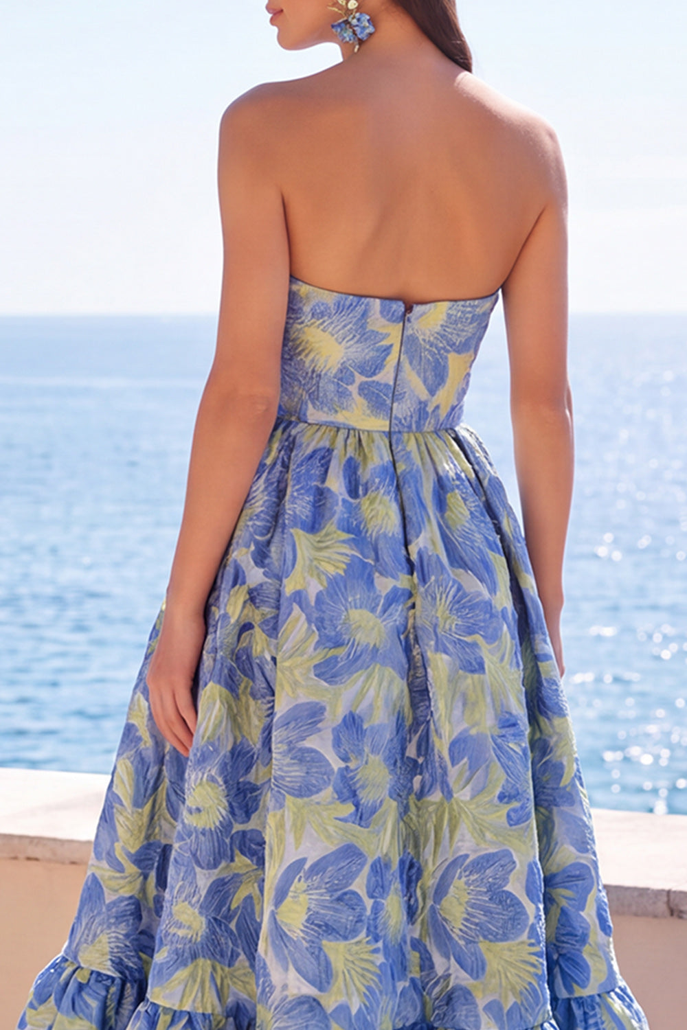 Blue Floral A Line Strapless Midi Wedding Guest Dress with Ruffles