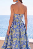 Blue Floral A Line Strapless Midi Wedding Guest Dress with Ruffles